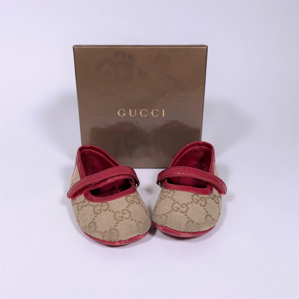 GUCCI Baby Tan w/Red Leather Trim GG Ballet Flats